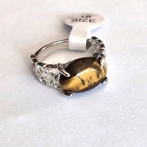 TIGER EYE POLISHED CABECHON NEW SIZE 8 STAINLESS STEEL FOREVER WEAR SILVER RING